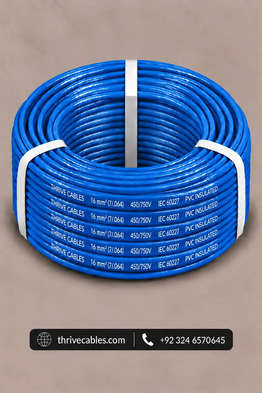 7/.064″ (16 mm²) Single Core 2 16 mm electric wire coil with red PVC insulation manufactured by Thrive Cables in Lahore
